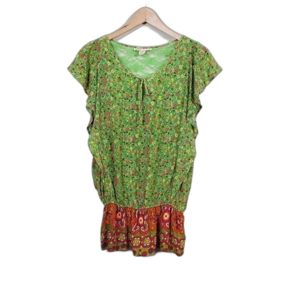 Derek Heart Boho Floral Tunic Top Women Size M Green Orange Rayon Festival